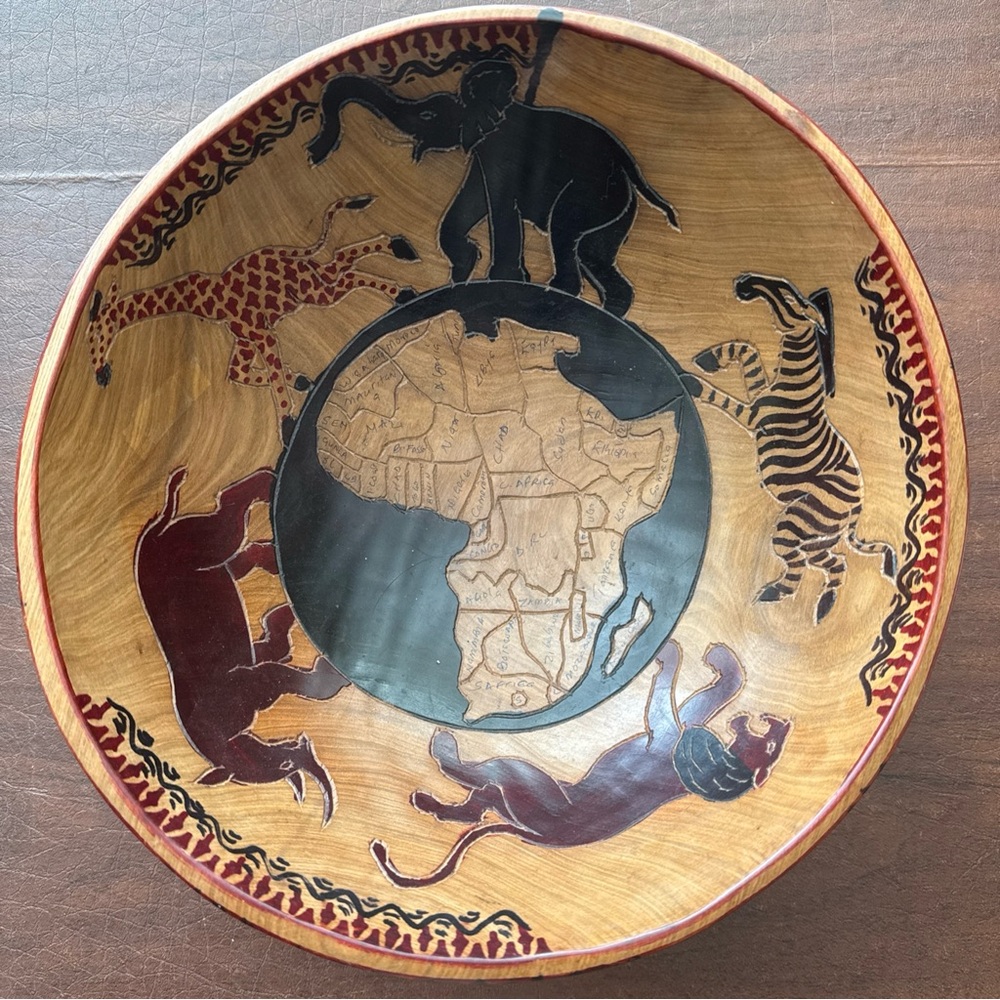 African Folk Art Wooden Hand Carved Bowl With African Animals & Africa;10.7